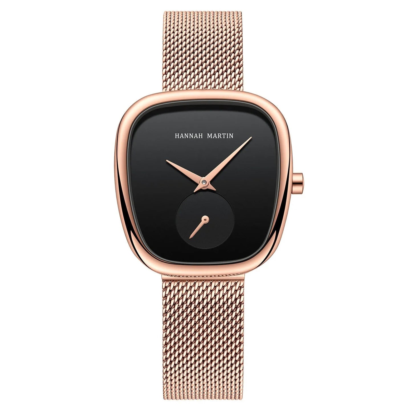 Hannah Martin Cobblestone rose gold watch with black dial and milanese mesh bracelet