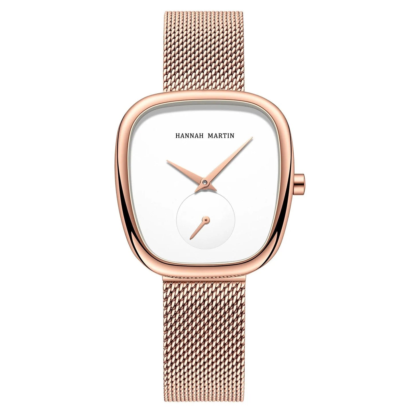 Hannah Martin Cobblestone rose gold watch with white dial and milanese mesh bracelet